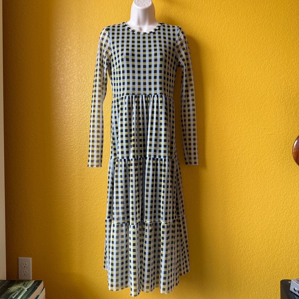 Baum and Pferdgarten yellow navy plaid check mesh long sleeve tiered maxi dress